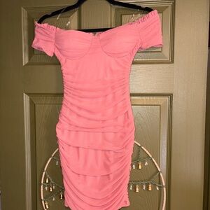 Windsor Pink Off-Shoulder Ruched Bodycon Mini Dress
